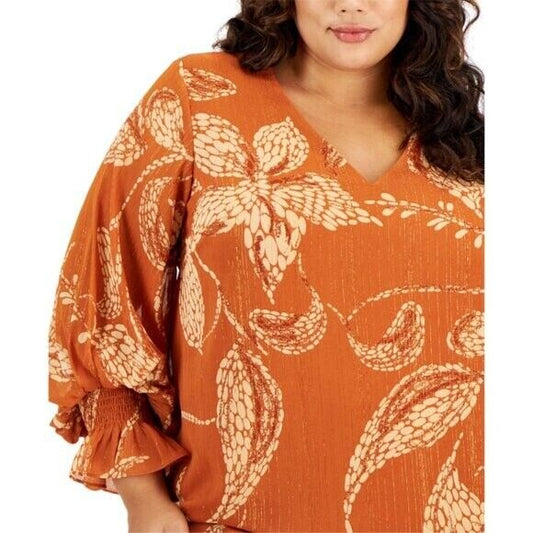 VINCE CAMUTO Plus Size 1X Orange Blouson-Sleeve Smocked-Cuff V-Neck Blouse NWT