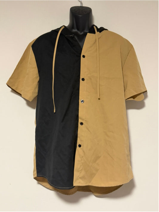 SHEIN Manfinity Large Black & Beige Colorblock Hooded Button Down Shirt NWT