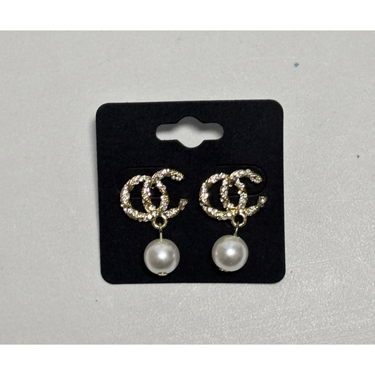 Gold & Rhinestone CC-Style Pearl Drop Earrings Luxury Inspired NWT