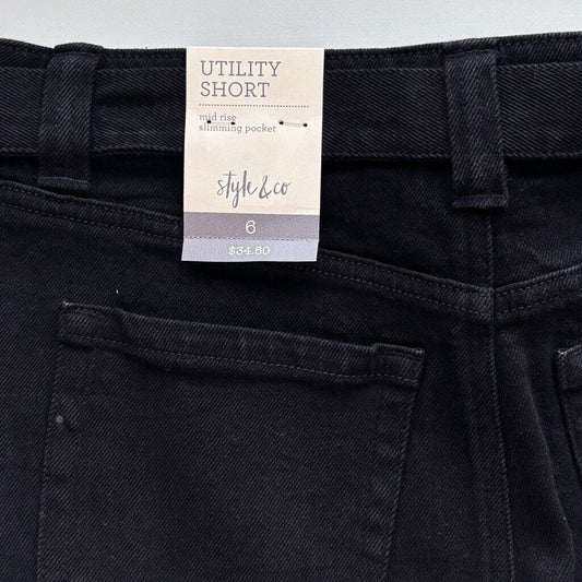 Style & Co. Women's 6 Black Mid Rise Tie-Belted Cuff Denim Shorts NWT