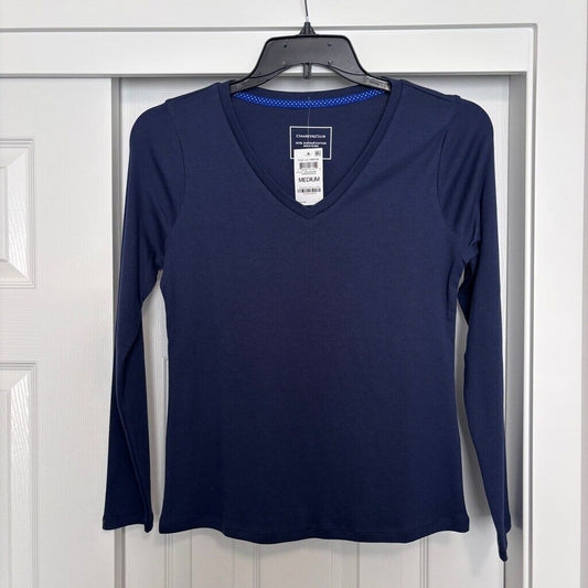 Charter Club Women's Medium 100% Cotton Long-Sleeve Navy Blue T-Shirt NWT