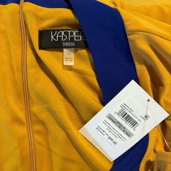 KASPER Plus Size Colorblocked Gold and Blue Faux-Wrap Cap-Sleeve Dress NWT