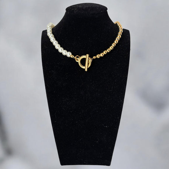Classic Gold Colored OT Clasp Pearl Bead Chain Choker Necklace for Women NWT