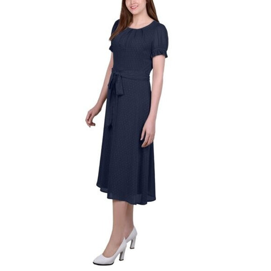 NY Collection PL Short Sleeve Belted Swiss Dot Navy Blue Formal Dress NWT