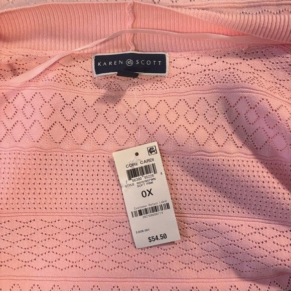 Karen Scott Plus Size 0X Baby Pink Pointelle Open-Front Cardigan NWT