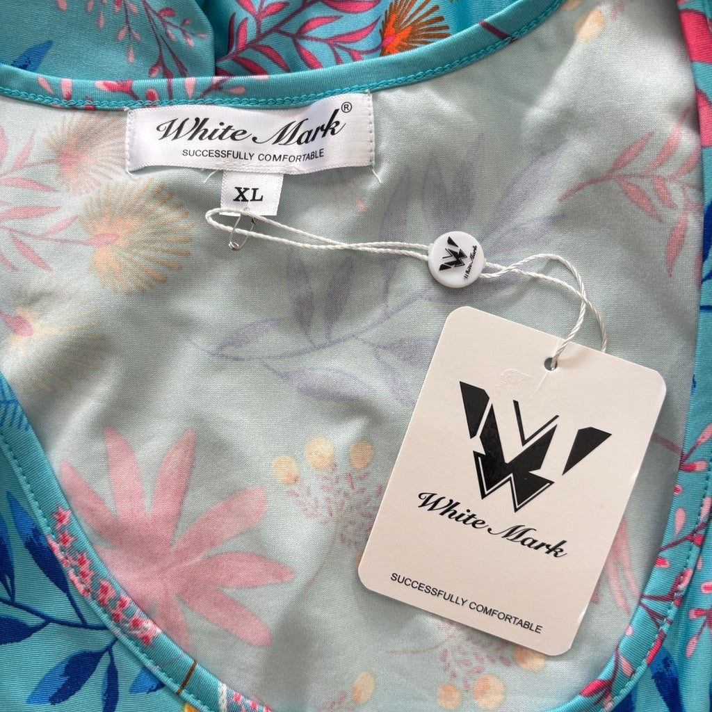 White Mark Women's Extra Large Blue Floral Short Sleeve Knee Length Dress NWT