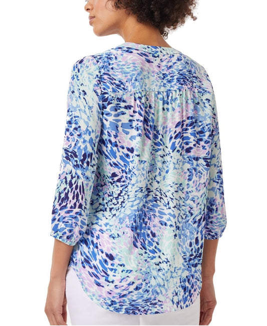 Jones New York Women's Extra Small Blue Floral Print V-Neck 3/4-Sleeve Top NWT
