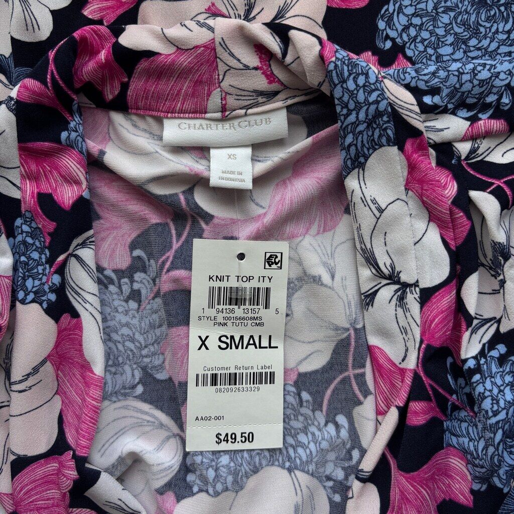 Charter Club Women's XS Pink & Blue Floral Pleated-Neck 3/4-Sleeve Top NWT