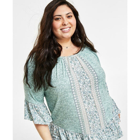 Style & Co. Plus Size Green Floral Printed On-Off Top / Blouse NWT