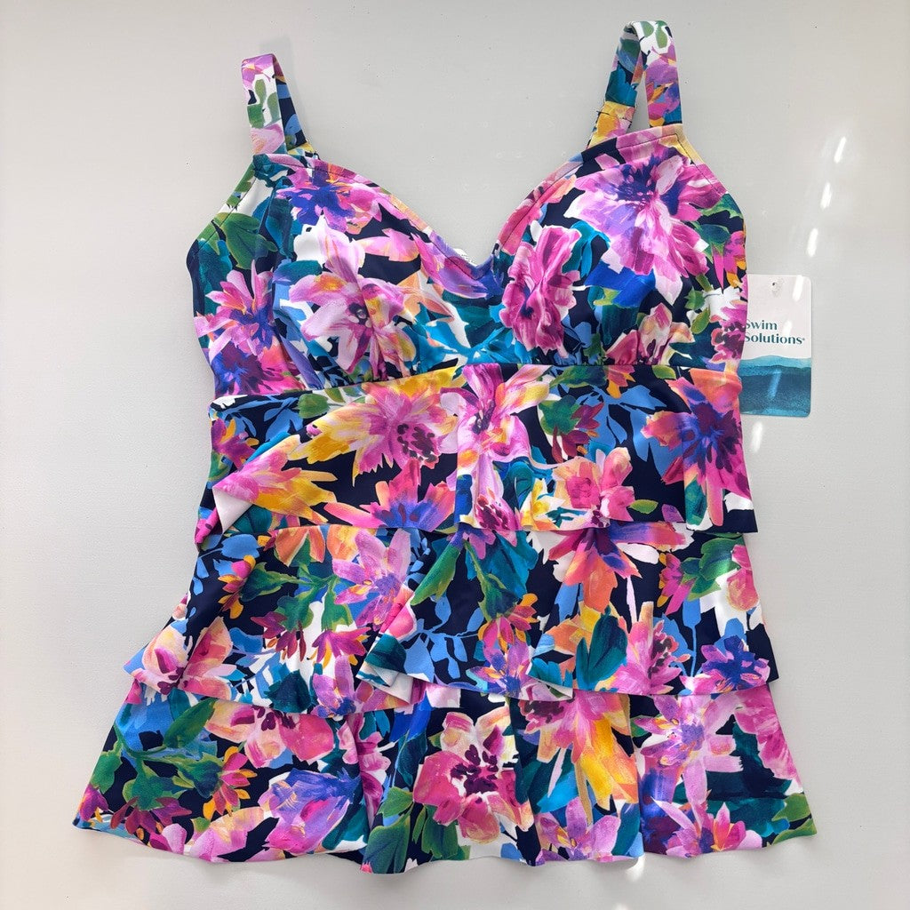 Swim Solutions Women's 10 Multicolor Floral Ruffle Triple-Tiered Tankini NWT