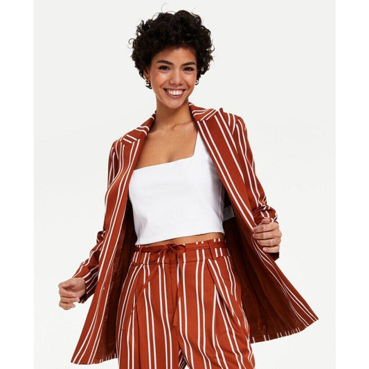 Bar III Women's Brown & White Striped Faux Double Breasted Blazer Jacket NWT