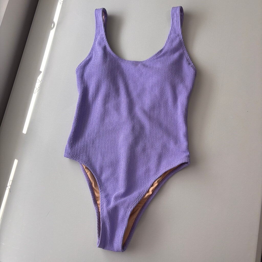 Cotton On Women's Purple Low-Back One-Piece Crinkle Swimsuit NWT