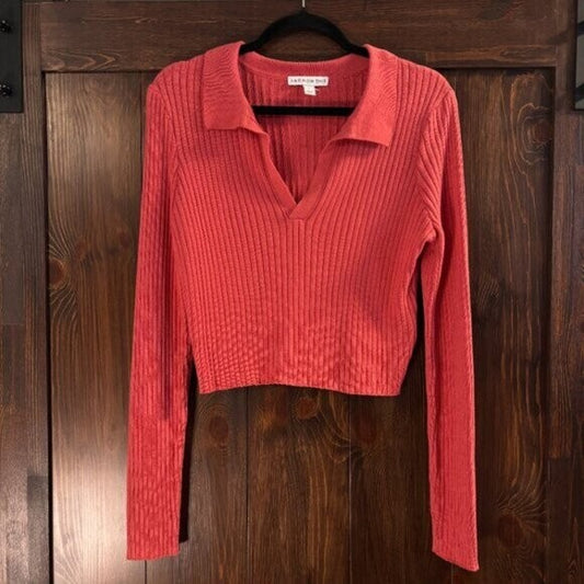 And Now This Women's Size Large Pink Cropped Collared V-Neck Sweater NWOT
