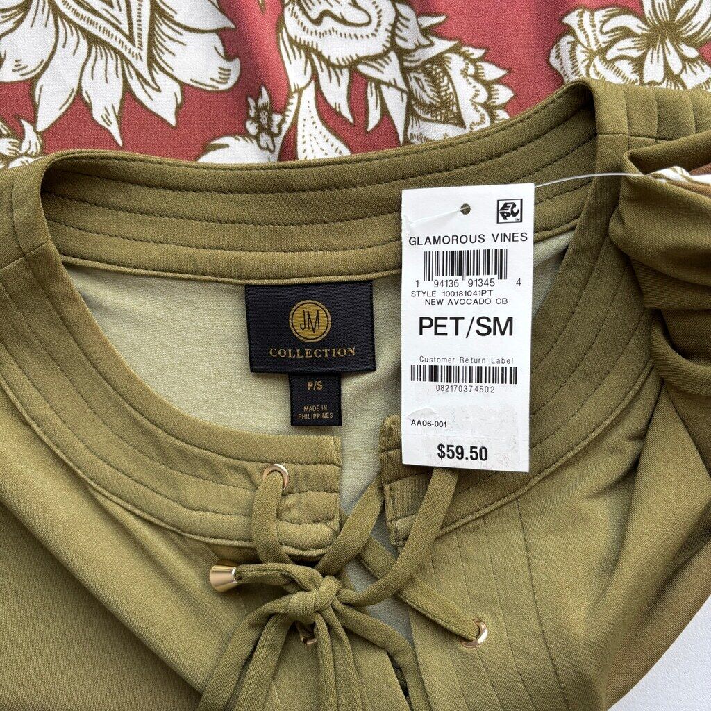 JM Collection Women's Small Petite Green Garden Lace-Up 3/4-Sleeve Tunic Top NWT