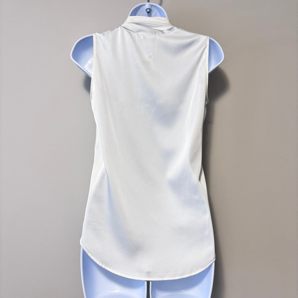 Bar III Women's Size XXS White Tie-Neck Sleeveless Satin Blouse NWT