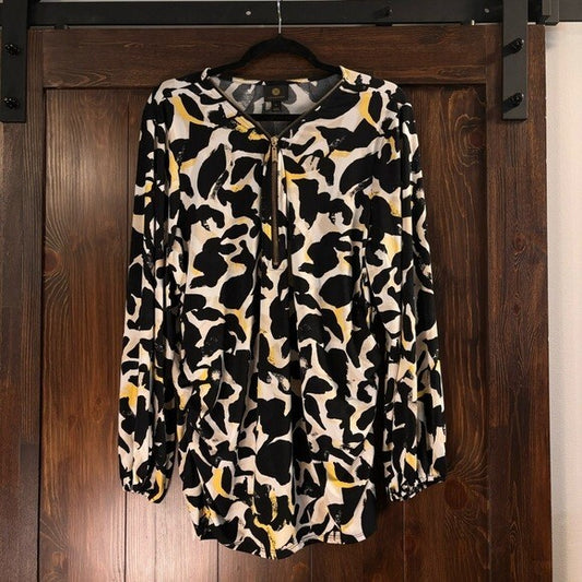 JM Collection Plus Size 2X White, Black & Yellow Printed Zip-Front Top NWT