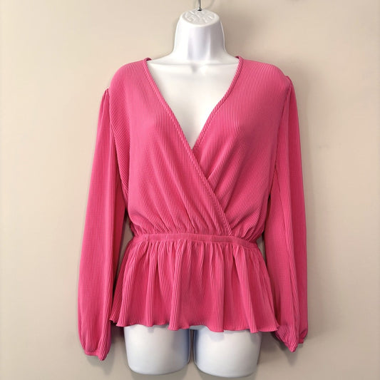 On 34th Women's Extra Small Hot Pink Crimped Surplice-Neck Peplum Top Blouse NWT