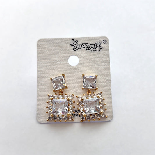 Women's Crystal Cubic Zirconia and Gold Colored Square Earrings NWT