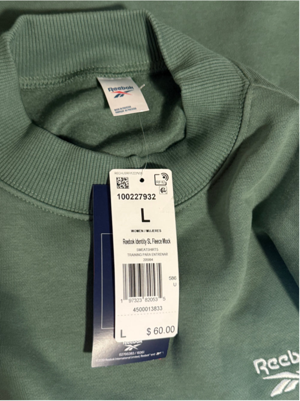 Reebok Women's Large Green 100% Cotton Fleece Mock Neck Sweatshirt NWT