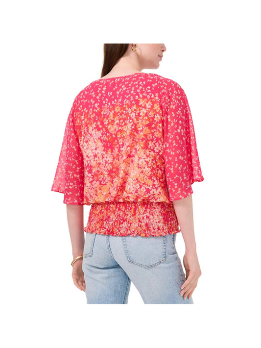 Sam & Jess Women's Petite Large Pink Floral-Print Sleeves Smocked Top NWT