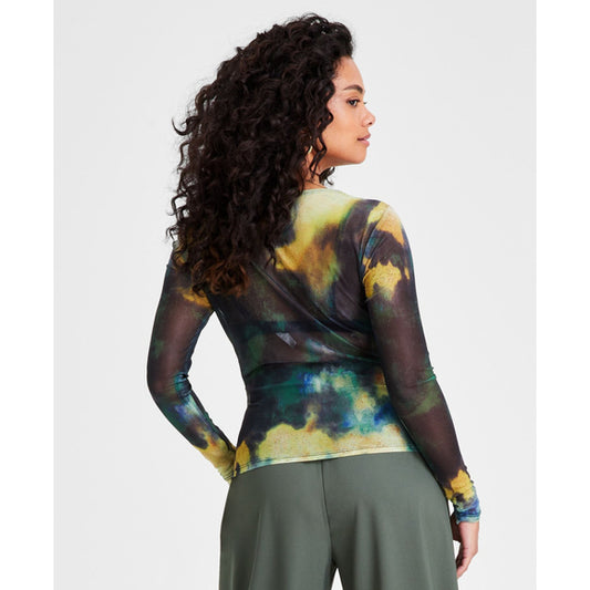 Bar III Petite Green Abstract Printed Long-Sleeve Cowlneck Mesh Top NWT