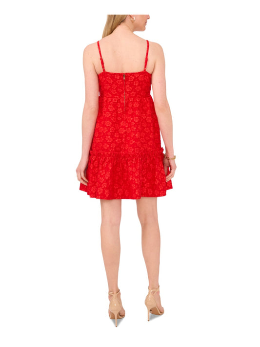 CeCe Women's XS Red Floral Textured Babydoll Square-Neck Midi Dress NWT