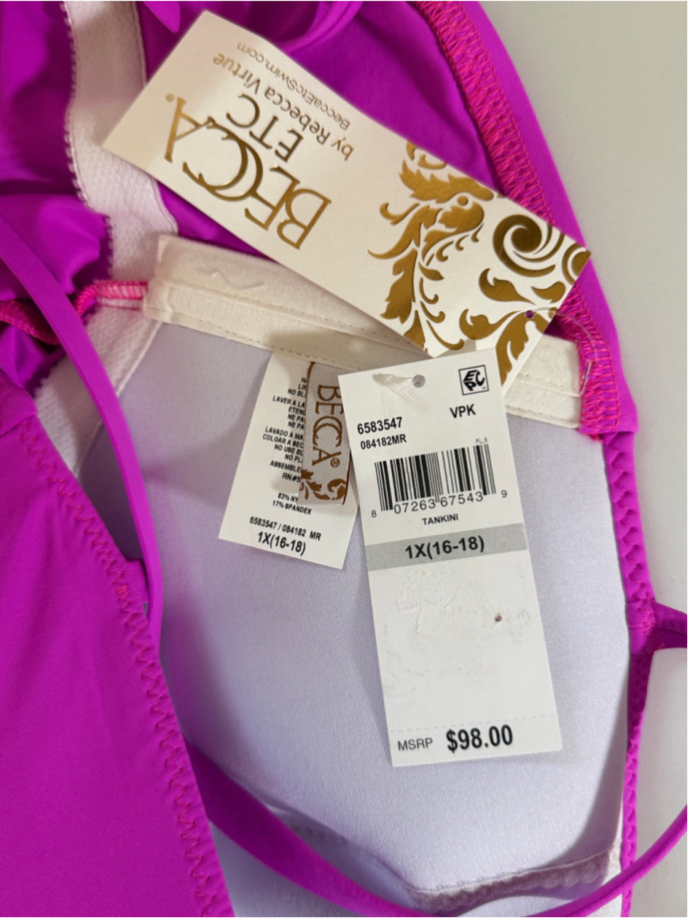 Becca ETC Plus Size 1X Pink Side-Tie Ruffle Adjustable Tankini Top NWT