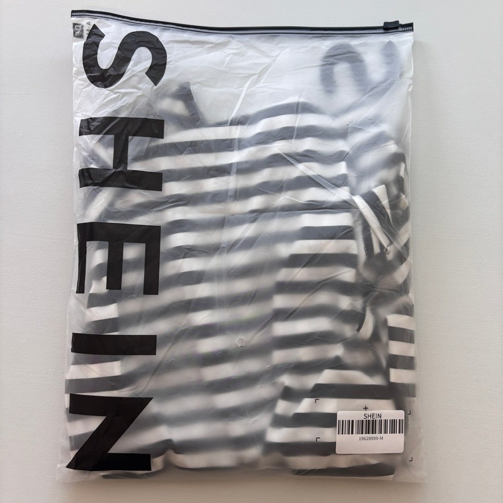 SHEIN Women's Medium Black White Striped Asymmetrical Short Sleeve Bodysuit NWT