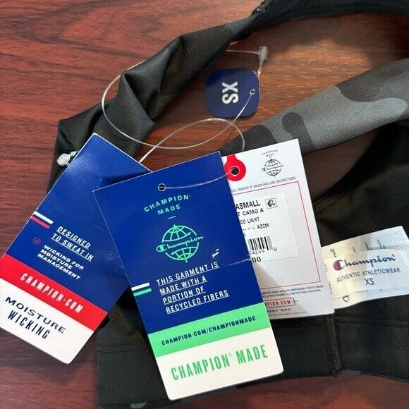 CHAMPION Women's XS Soft Touch Black and Grey Camo Light-Support Sports Bra NWT