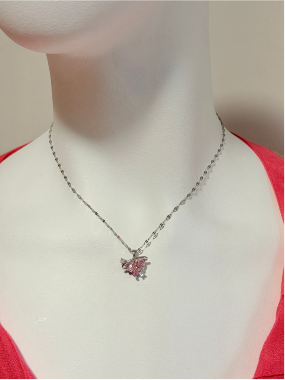 Heart Planet Pendant Silver Tone Necklace with Pink & White Cubic Zirconia NWT