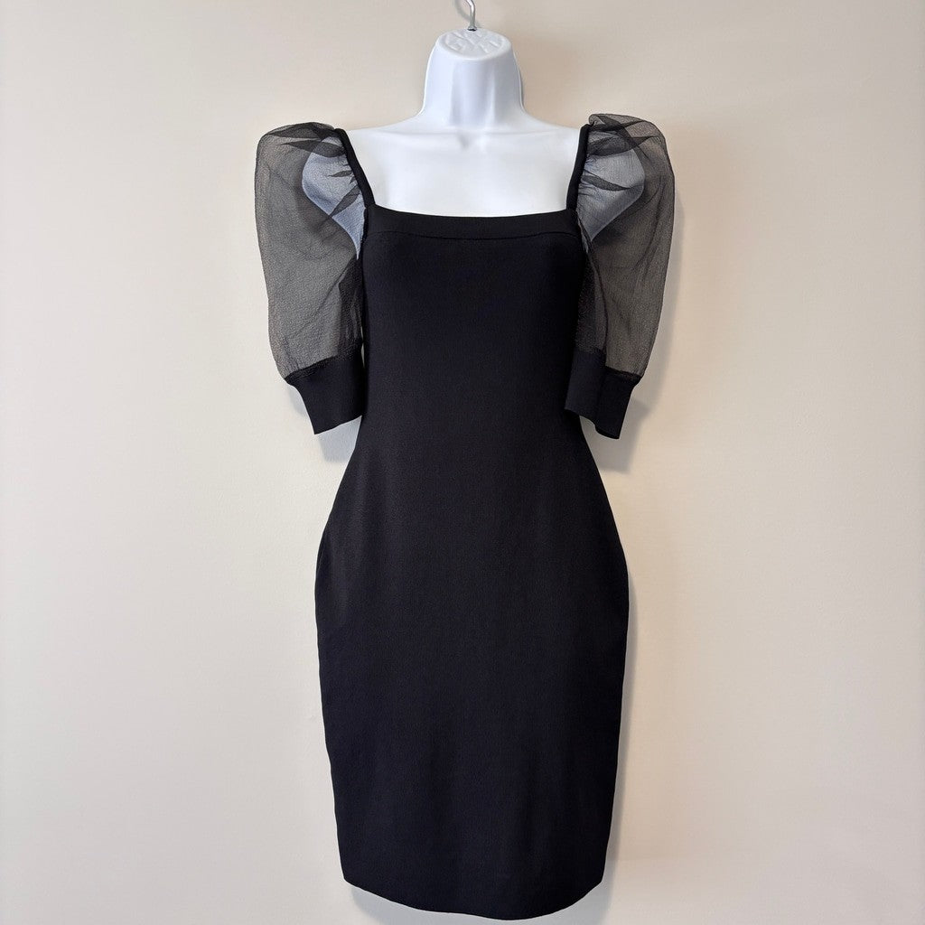Bar III Women's Size Small Black Organza Puff Sleeve Sweater Mini Dress NWT