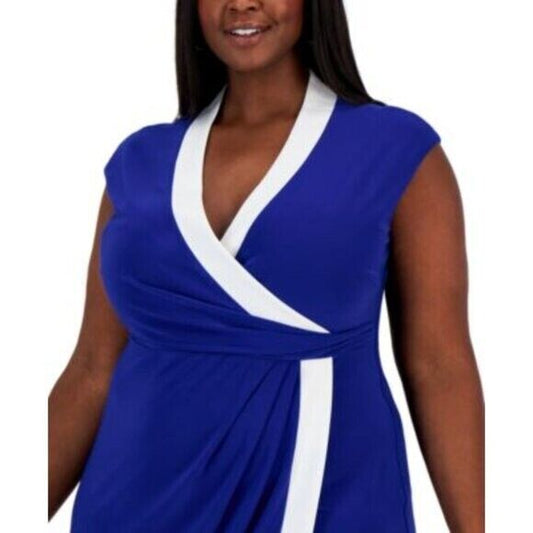 KASPER Plus Size Blue & White Colorblocked Faux-Wrap Cap-Sleeve Dress NWT