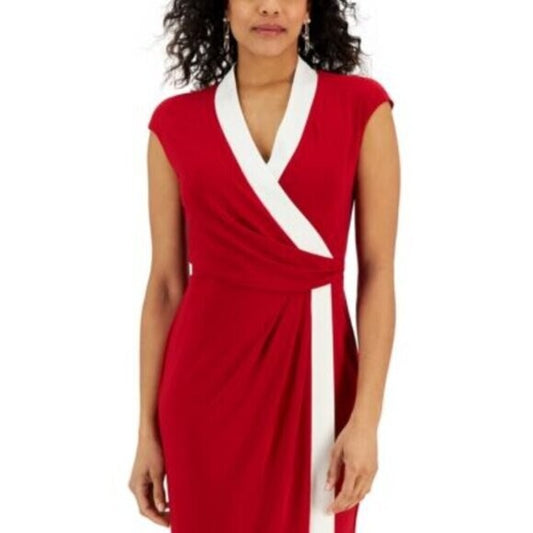 Kasper Red and White Colorblocked Faux-Wrap Cap-Sleeve Dress NWT