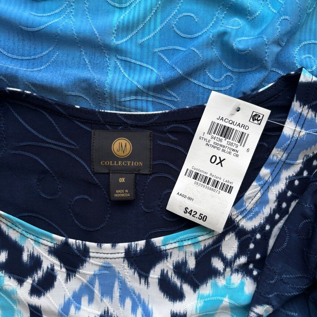 JM Collection Women's Plus Size 0X Gradient Blue Ikat Jacquard Top NWT