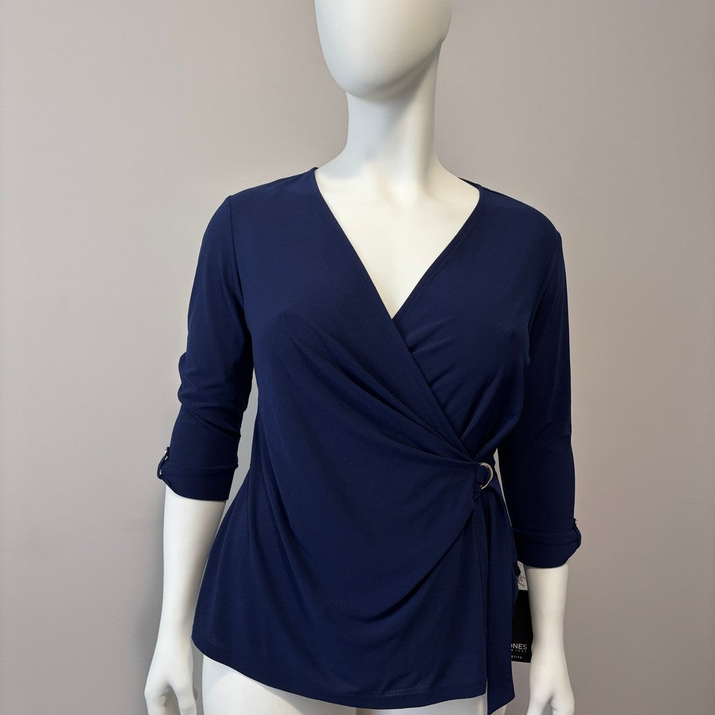 Jones New York Women's Extra Large Petite Navy Blue D-Ring 3/4-Sleeve Top NWT