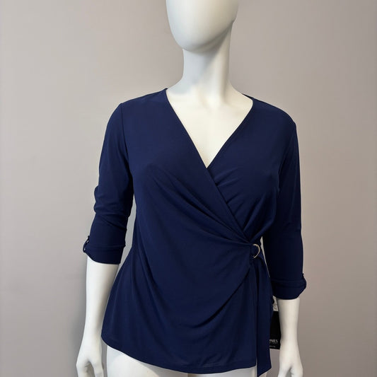 Jones New York Women's Petite Navy Blue D-Ring 3/4-Sleeve Top NWT