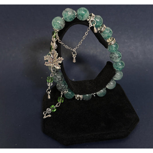 Green Beaded Maple Leaf Charm Bracelet - Stretchy NWT