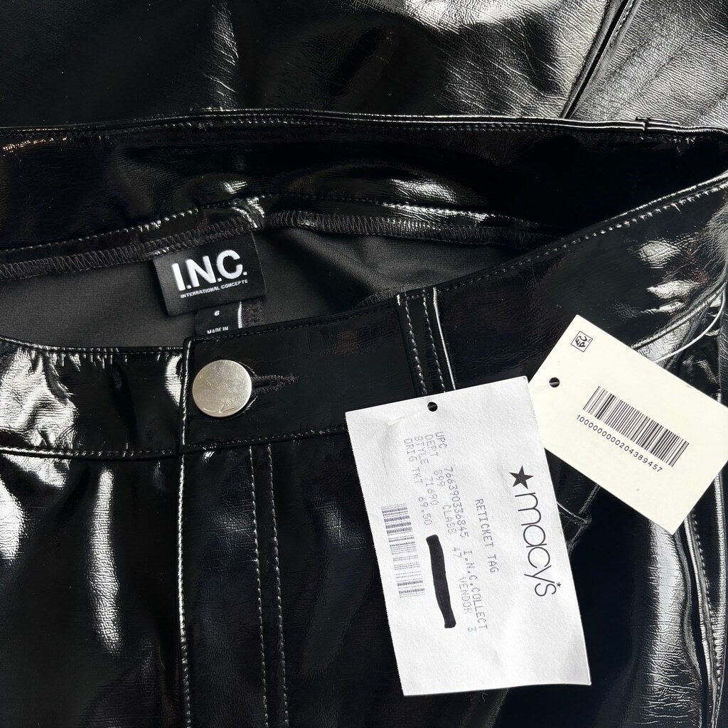 INC International Concepts Women's 6 Black Faux-Leather Straight-Leg Pants NWT