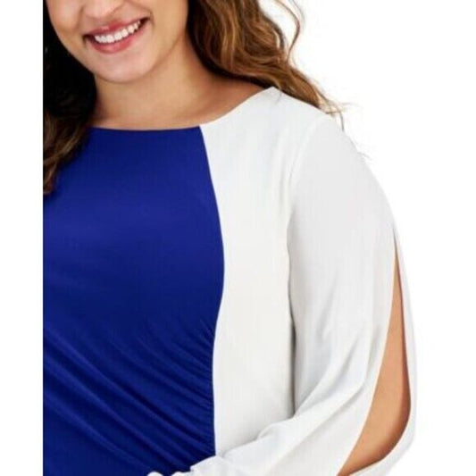 KASPER Plus Size Blue and White Colorblocked Split-Sleeve Dress NWT