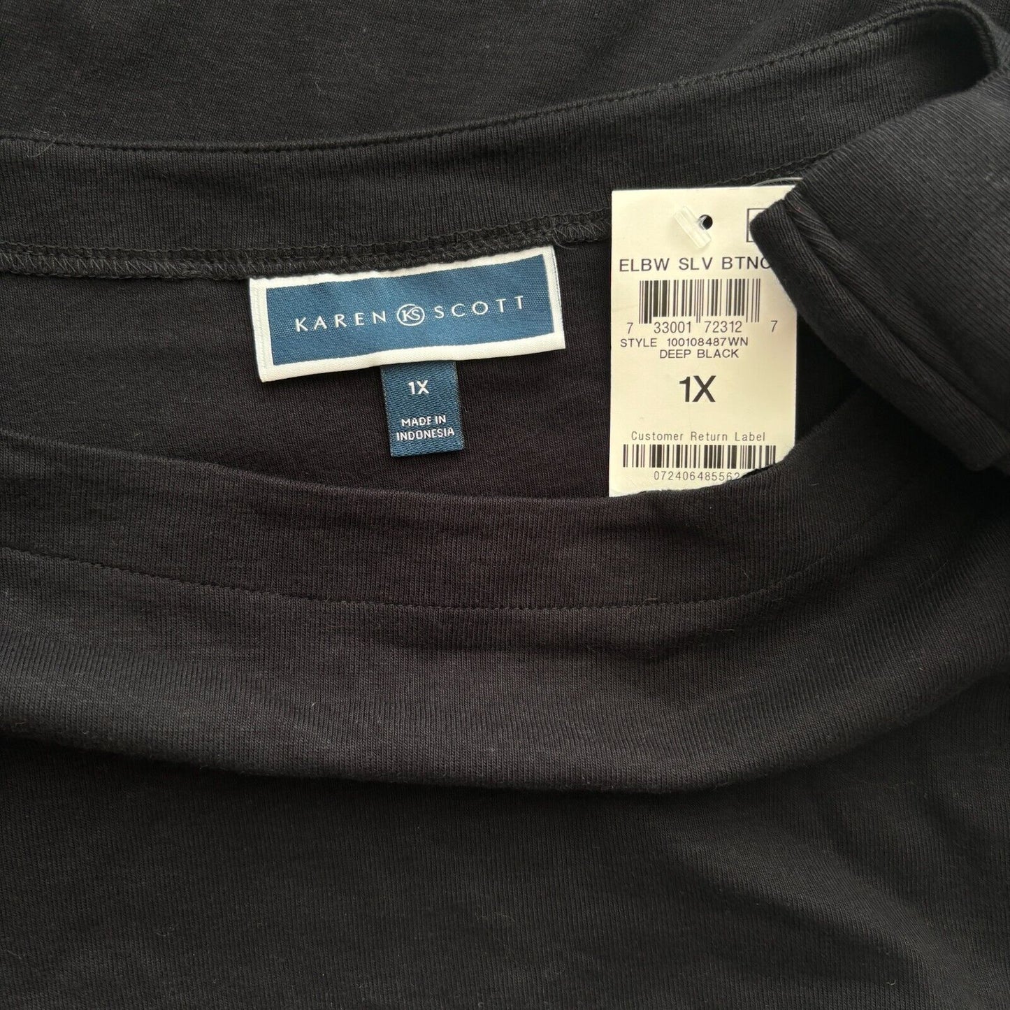 Karen Scott Women's Plus Size 100% Cotton Black Elbow-Sleeve Top NWT