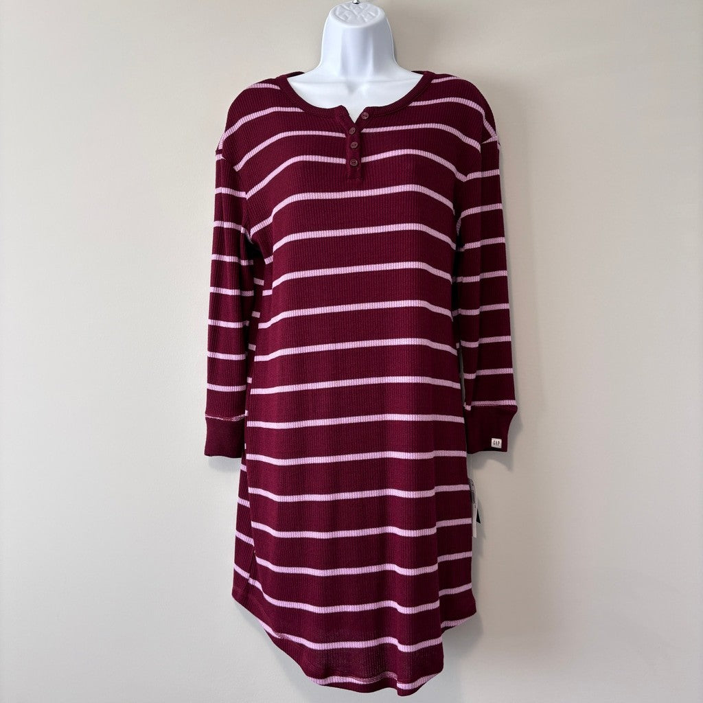 GAP Women's Small Maroon Striped Henley Dorm Long-Sleeve Sleepshirt / Dress NWT