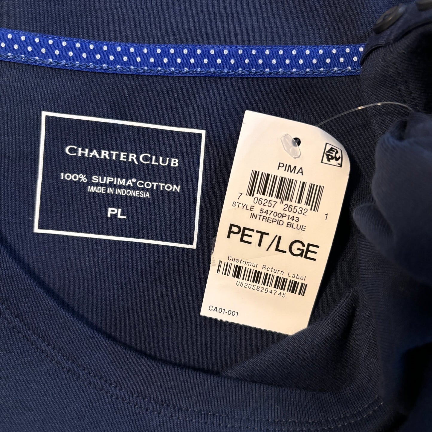Charter Club Petite Navy Blue Pima Cotton Button-Shoulder 3/4 Sleeve Top NWT