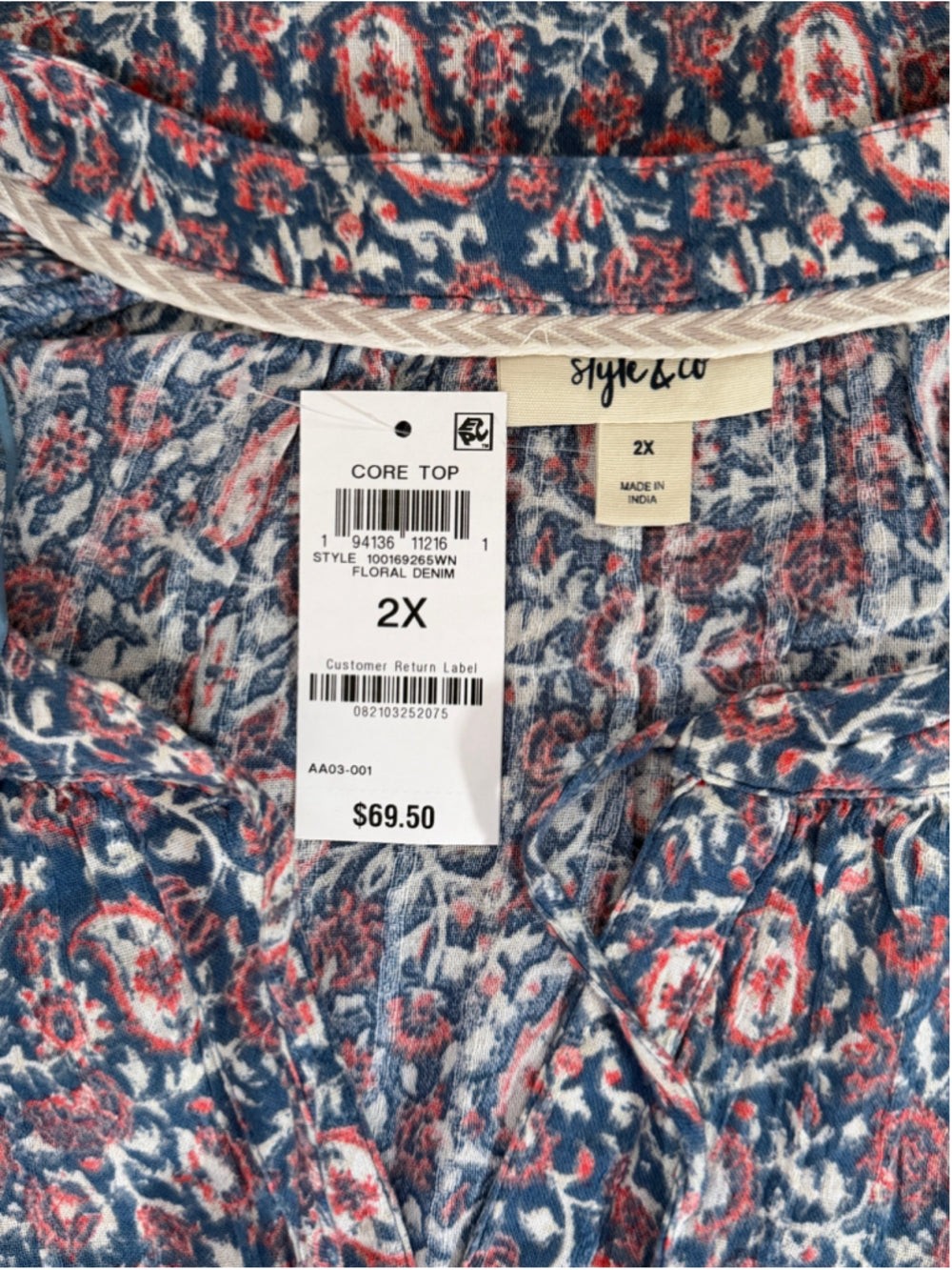 Style & Co. Plus Size 2X Blue & Pink Floral Peasant Blouse Tassel Tie NWT