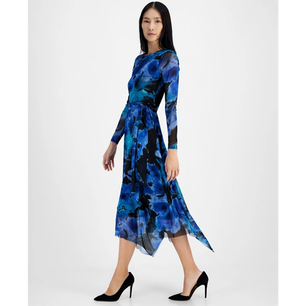 Anne Klein Women's Small Petite Blue Printed Handkerchief-Hem Midi Dress NWT