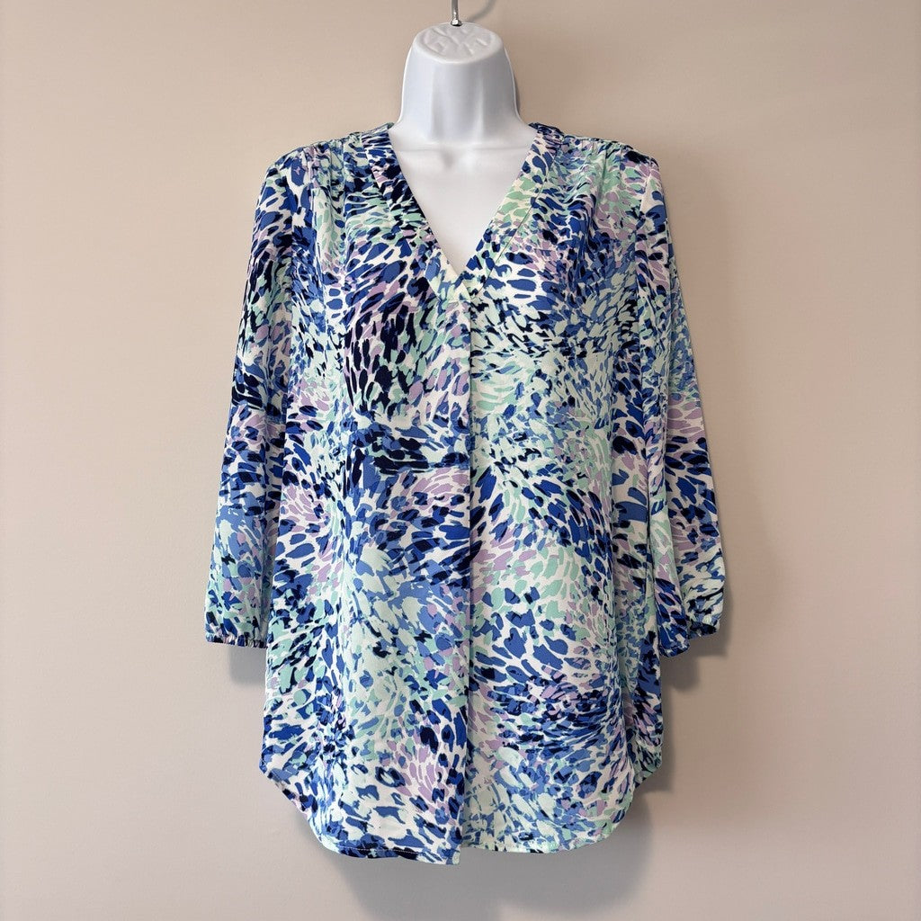 Jones New York Women's Extra Small Blue Floral Print V-Neck 3/4-Sleeve Top NWT