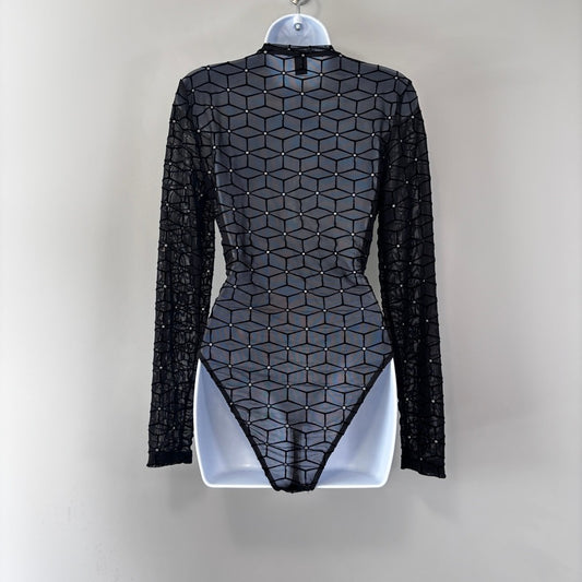 SHEIN Women's Medium Black & Silver Sparkle Long Sleeved Sheer Bodysuit NIB