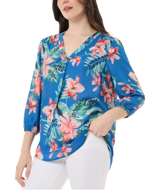 Jones New York Women's Small Blue & Floral Printed V-Neck Blouse NWT
