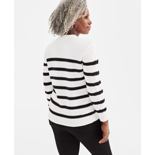 Style & Co. Size Large Striped Beige Cable Knit Button Shoulder Sweater NWT