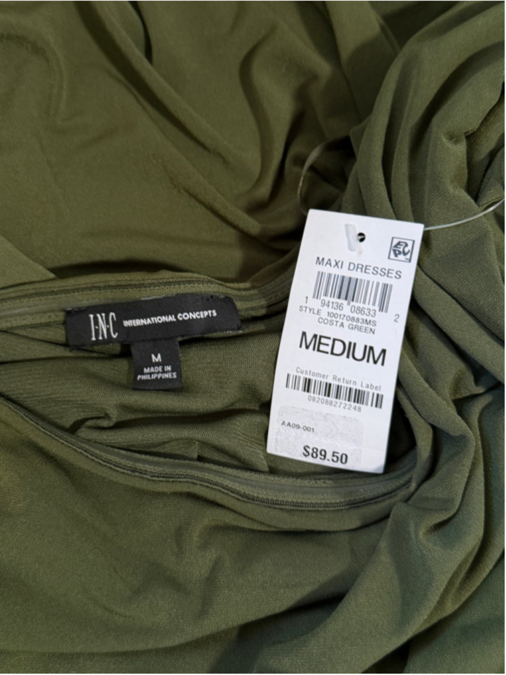 INC International Concepts Medium Dark Green One-Shoulder Maxi Dress NWT