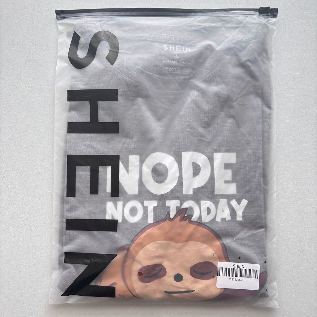 SHEIN Men's Large Gray Sloth NOPE NOT TODAY Slogan Graphic Casual T-Shirt NIB